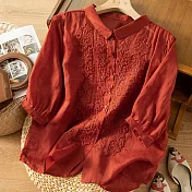 【ACheter】 七分袖刺繡棉麻襯衫藝復古設計感棉麻短版上衣# 117589 M 紅色