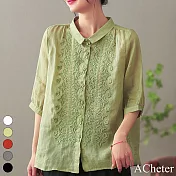 【ACheter】 七分袖刺繡棉麻襯衫藝復古設計感棉麻短版上衣# 117589 M 綠色