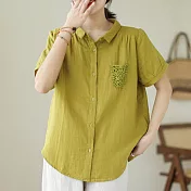 【ACheter】 復古棉麻襯衫純色短袖翻領文藝透氣寬鬆短版上衣# 117591 XL 黃色