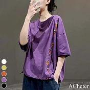 【ACheter】 繡花T恤寬鬆純色圓領百搭顯瘦個性抽繩短袖短版上衣# 117593 XL 紫色