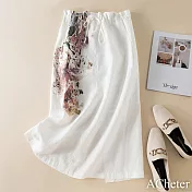 【ACheter】 寬鬆顯瘦A字裙女文藝純色印花棉麻鬆緊腰半身裙# 117600 L 白色