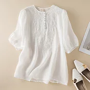 【ACheter】 寬鬆薄款圓領上衣氣質刺繡棉麻短袖短版上衣# 117605 L 白色
