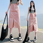 【MsMore】 雙口袋開叉彈力牛仔半身裙高腰長款寬鬆設計A字長裙# 117611 S 粉紅色