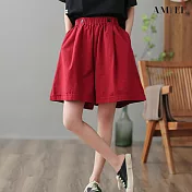 【AMIEE】假鈕扣造型鬆緊短褲(KDTP-8781) M 紅色