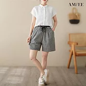 【AMIEE】休閒鬆緊綁帶格子棉麻短褲(2色/M-2XL/KDPY-9009) M 小格