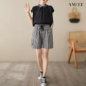 【AMIEE】休閒鬆緊綁帶格子棉麻短褲(2色/M-2XL/KDPY-9009) M 大格