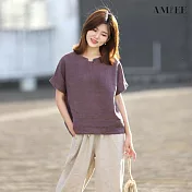 【AMIEE】經典百搭落肩棉麻上衣(KDTY-3654) XL 灰紫色