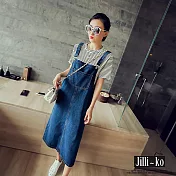 【Jilli~ko】韓版寬鬆顯瘦學院風牛仔背帶連衣裙 J8818 FREE 深藍色