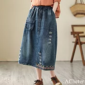 【ACheter】 復古刺繡破洞牛仔半身裙鬆緊高腰顯瘦A字長裙# 117663 M 藍色