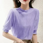 【MsMore】 鏤空針織衫五分短袖圓領氣質優雅法式輕奢空調罩衫短版上衣# 117713 FREE 紫色