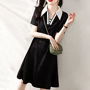 【MsMore】 簡約撞色翻領短袖顯瘦百搭拼接連身裙中長版洋裝# 117458 2XL 黑色