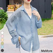 【MsMore】 度假風薄款防曬長袖上衣寬鬆中長版流行襯衫外罩紗# 117758 M 藍色