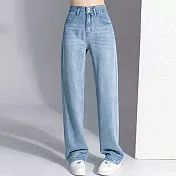 【MsMore】 牛仔闊腿褲高腰垂感薄款寬鬆天然植物纖維冰柔絲直筒長褲# 117775 S 藍色