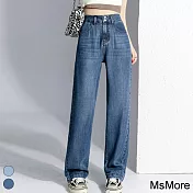 【MsMore】 牛仔闊腿褲高腰垂感薄款寬鬆天然植物纖維冰柔絲直筒長褲# 117775 XL 牛仔藍色