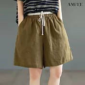 【AMIEE】休閒簡約棉麻綁帶短褲(5色/M-2XL/KDPY-9333) XL 鹹菜綠