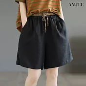 【AMIEE】休閒簡約棉麻綁帶短褲(5色/M-2XL/KDPY-9333) M 黑色