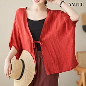 【AMIEE】慵懶渡假風綁帶罩衫外套(2色/F碼/KDCY-2325) F 紅色