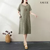 【AMIEE】小清心棉麻提花短袖洋裝(4色/M-2XL/KDDY-966) XL 深綠