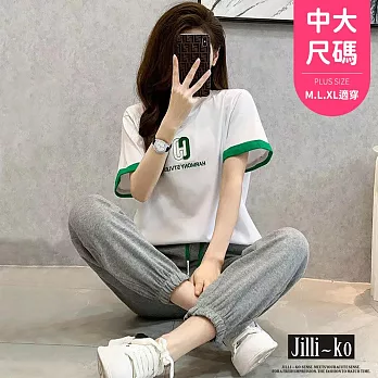 【Jilli~ko】兩件套撞色寬鬆休閒運動套裝 J10618  FREE 白色
