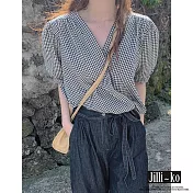 【Jilli~ko】V領交叉泡泡袖格子短款襯衫 J10755  FREE 黑色
