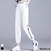 【MsMore】 冰絲哈倫褲高腰寬鬆減齡休閒褲顯瘦百搭束腳# 117839 L 白色