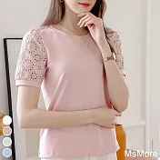 【MsMore】 修身型蕾絲花短袖經典圓領純色歐美T恤棉質短版上衣# 117808 2XL 粉紅色