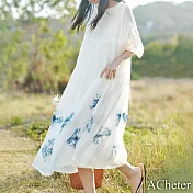 【ACheter】 圓領苧麻雙層連身裙慵懶風棉麻七分袖藍染寬鬆仙女長裙洋裝# 117615 M 白色