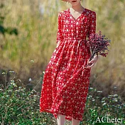 【ACheter】 孔雀印花苧麻連身裙民族風寬鬆V領七分袖印花亞麻棉紅色長裙洋裝# 117622 M 紅色