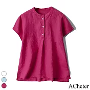 【ACheter】 立領純棉麻襯衫寬鬆百搭文藝簡約純色短袖短版上衣# 117738 L 酒紅色