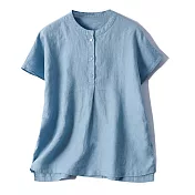 【ACheter】 立領純棉麻襯衫寬鬆百搭文藝簡約純色短袖短版上衣# 117738 L 天空藍色