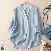 【ACheter】 棉麻襯衫文藝復古休閒文藝短版寬鬆七分袖罩衫上衣# 117751 L 藍色
