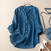 【ACheter】 棉麻襯衫文藝復古休閒文藝短版寬鬆七分袖罩衫上衣# 117751 L 深藍色