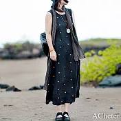 【ACheter】 圓領皺感亞麻滿繡波點背心無袖連身裙棉麻長洋裝# 117613 XL 黑色