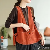 【ACheter】 復古棉麻V領寬鬆純色短版無袖背心外搭罩衫# 117770 M 橘紅色