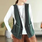 【ACheter】 復古棉麻V領寬鬆純色短版無袖背心外搭罩衫# 117770 XL 綠色