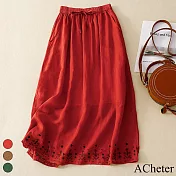 【ACheter】 寬鬆薄款刺繡簡約中長版百搭高腰鬆緊系帶半身長裙# 117819 2XL 紅色