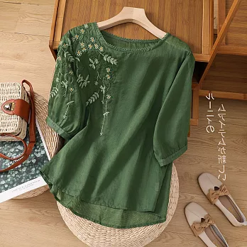 【ACheter】 刺繡短袖圓領文藝復古寬鬆顯瘦棉麻短版上衣# 117826 2XL 綠色