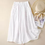 【ACheter】 麻寬鬆顯瘦休閒褲復古鬆緊高腰闊腿七分褲裙# 117817 XL 白色