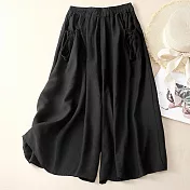 【ACheter】 麻寬鬆顯瘦休閒褲復古鬆緊高腰闊腿七分褲裙# 117817 XL 黑色