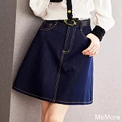 【MsMore】 靛藍復古牛仔深藍天絲光澤質感 撞色線高腰A形半身裙# 117390 M 藍色