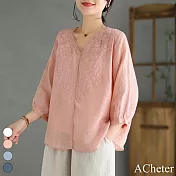 【ACheter】 棉麻七分袖V領刺繡薄款棉麻氣質寬鬆短版上衣# 117489 L 粉紅色