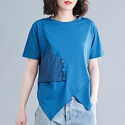 【ACheter】 夏季新款時髦不規則t恤修身顯瘦短袖短版圓領上衣# 117519 FREE 寶藍色