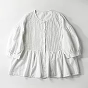 【ACheter】 日系甜美重工風琴褶法式泡泡短袖單排扣襯衫棉麻拼接A字短版上衣# 117539 L 白色