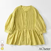 【ACheter】 日系甜美重工風琴褶法式泡泡短袖單排扣襯衫棉麻拼接A字短版上衣# 117539 L 黃色