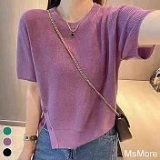 【MsMore】 圓領設計感側邊開叉紐扣短袖冰絲針織衫薄款短版上衣# 117596 FREE 紫色