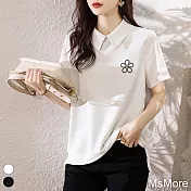 【MsMore】 花瓣刺繡短袖寬鬆polo衫寬鬆短版上衣# 117811 M 白色