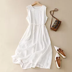 【ACheter】 復古文藝圓領無袖棉麻寬鬆顯瘦中長款連身裙背心洋裝# 117820 M 白色
