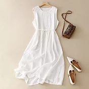 【ACheter】 復古文藝圓領無袖棉麻寬鬆顯瘦中長款連身裙背心洋裝# 117820 XL 白色