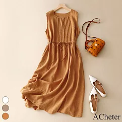 【ACheter】 復古文藝圓領無袖棉麻寬鬆顯瘦中長款連身裙背心洋裝# 117820 M 焦糖色