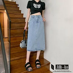 【Jilli~ko】後開衩半鬆緊高腰牛仔半身裙 L─XL J10732 M 藍色